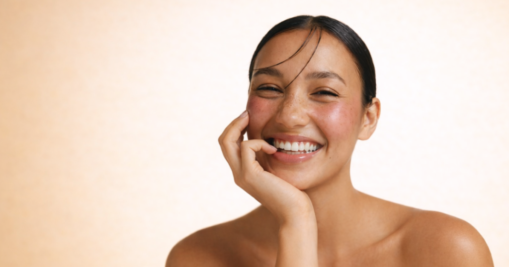 Smiling woman with radiant skin gently touching her face on a soft light yellow background.