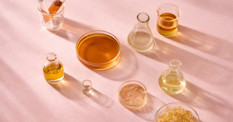 Glass laboratory containers with golden and clear skincare liquids on a soft pink background.