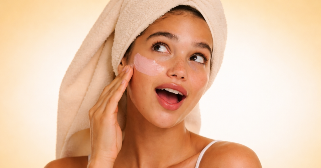 Woman with towel-wrapped hair applying pink face cream to her cheek against a soft light yellow background.