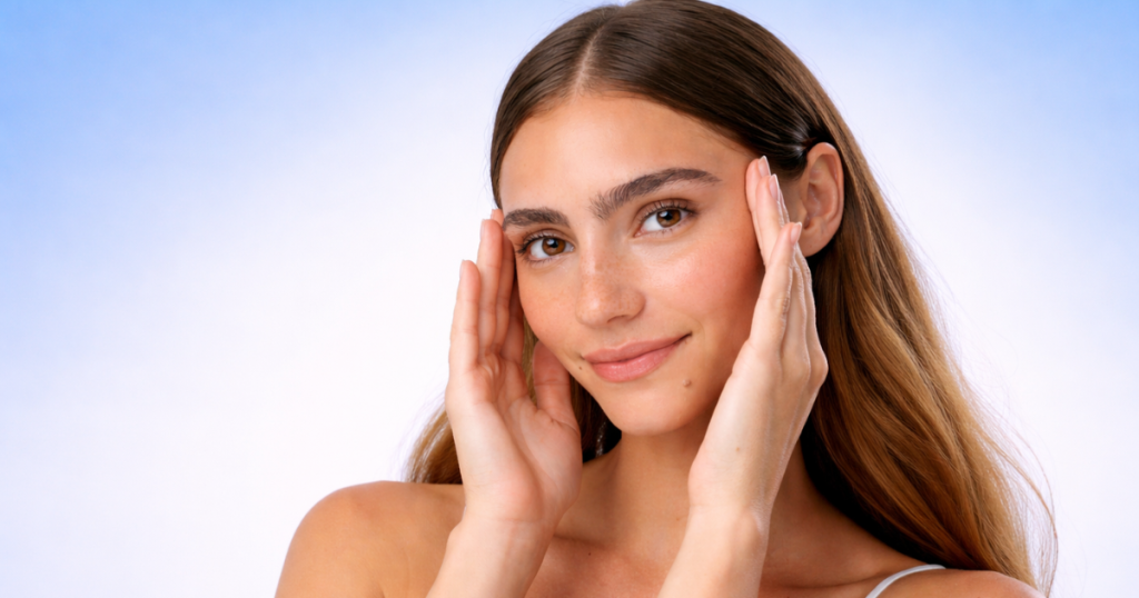 Person with freckles gently holding their face with both hands, smiling softly against a light blue background.