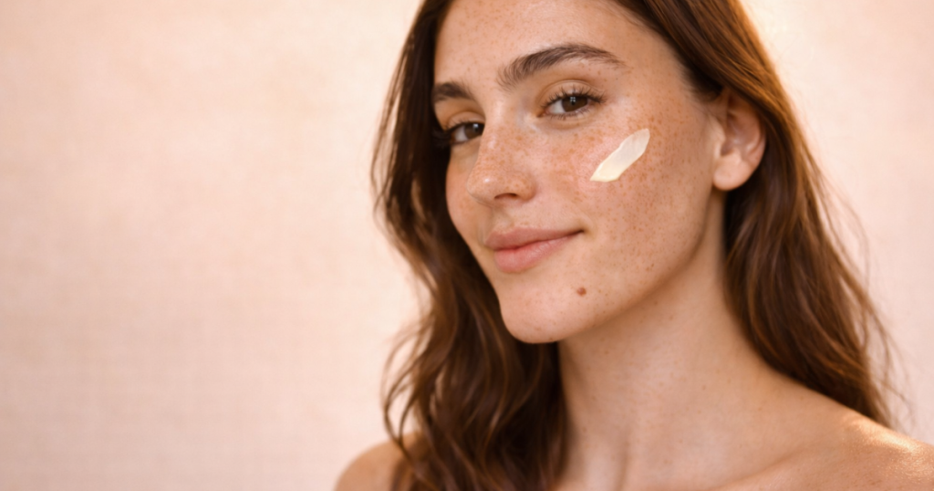 Close-up of a woman with glowing skin applying cream to her cheek, warm beige background.
