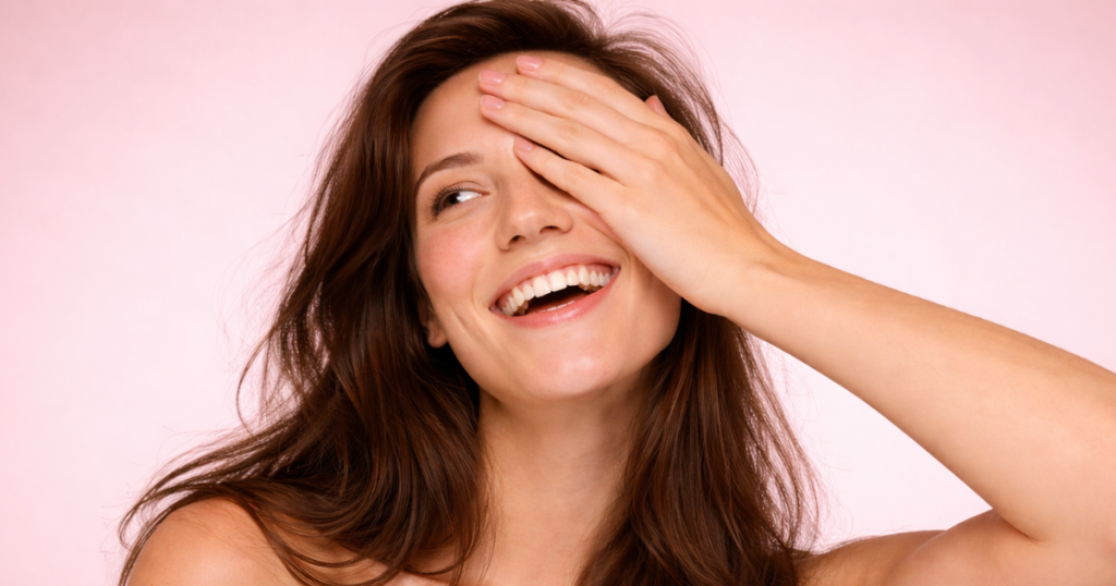Person laughing with their hand covering one eye, showing natural skin texture and a soft pink background.