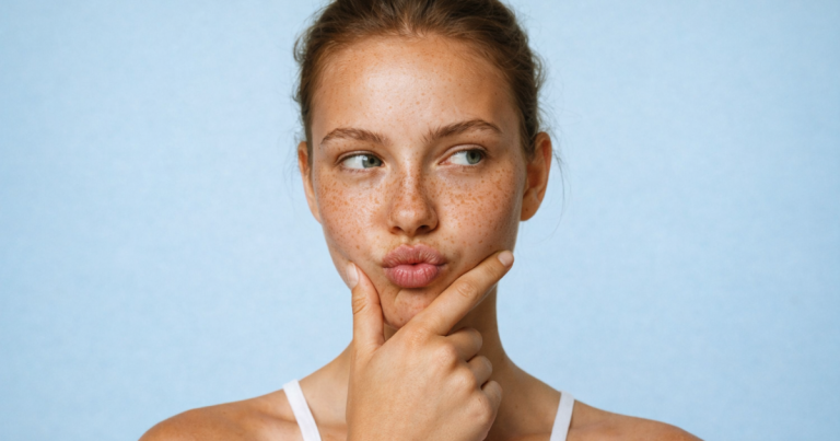 Woman with freckles and glowing skin looking to the side on a soft blue background.