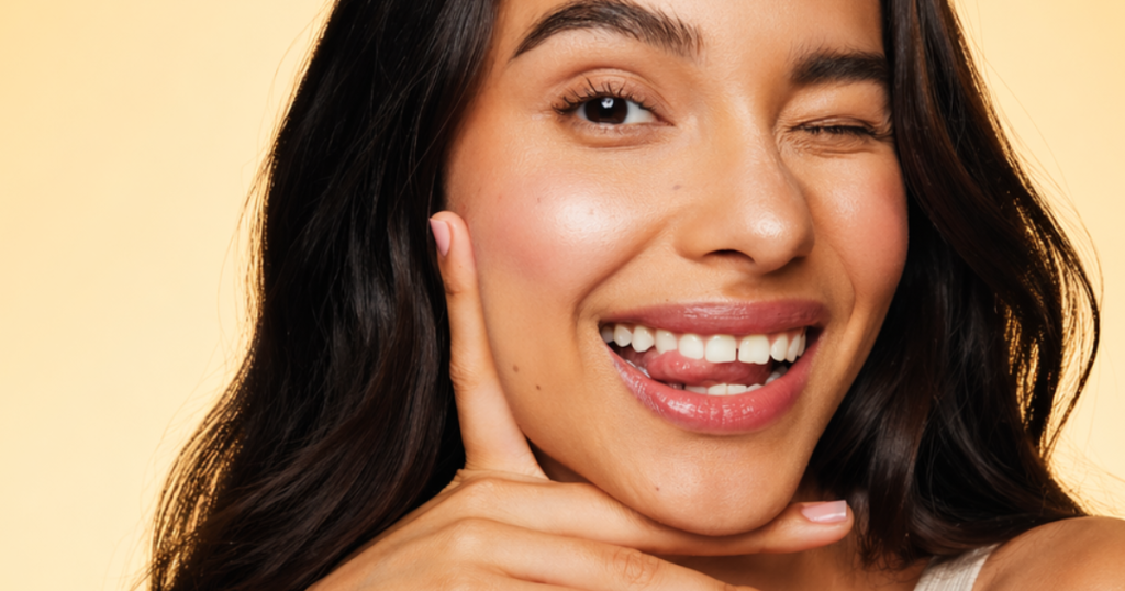 Smiling woman winking, hand under chin, against a soft light yellow gradient background.
