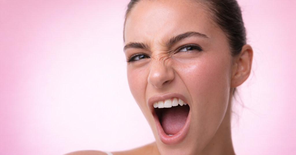 Woman with natural, makeup-free glowing skin and soft features, showing facial expression against a pink background.