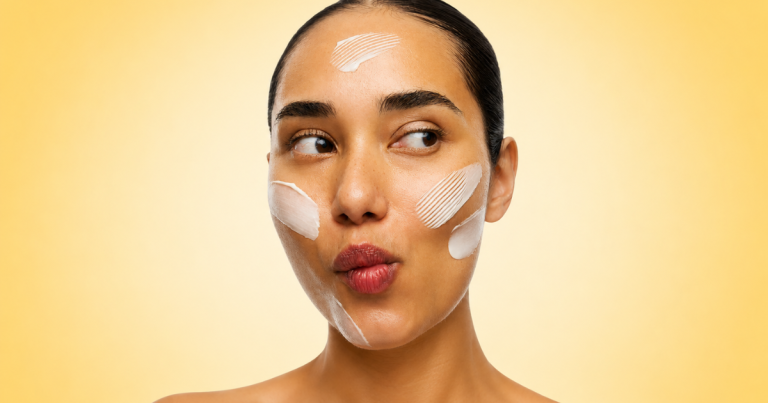 Woman with facial cream applied to her cheeks and forehead against a soft yellow background.