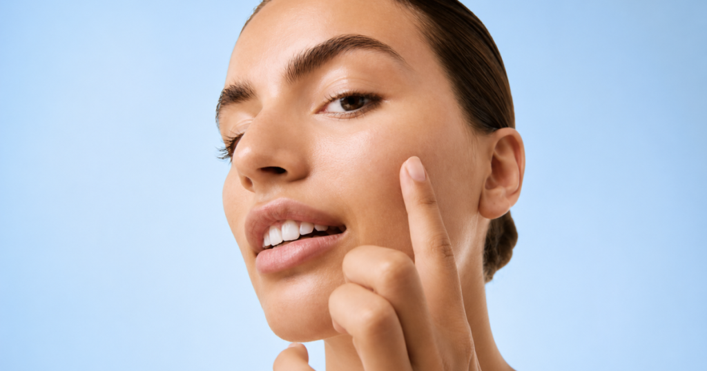 Woman with naturally glowing skin touching her cheek against a soft light blue gradient background.