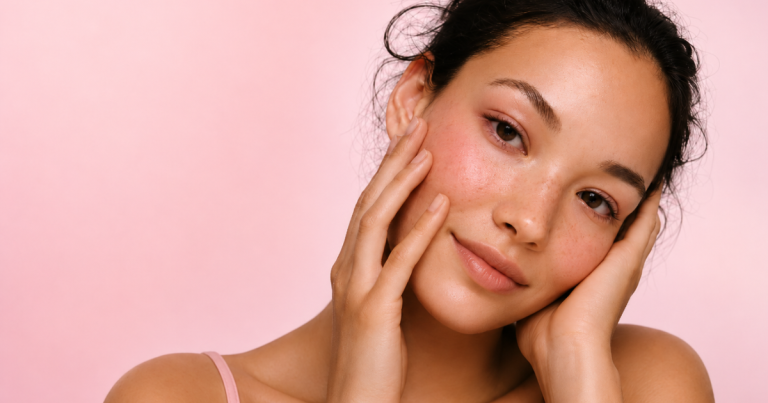 Close-up of a woman with glowing skin and a gentle smile