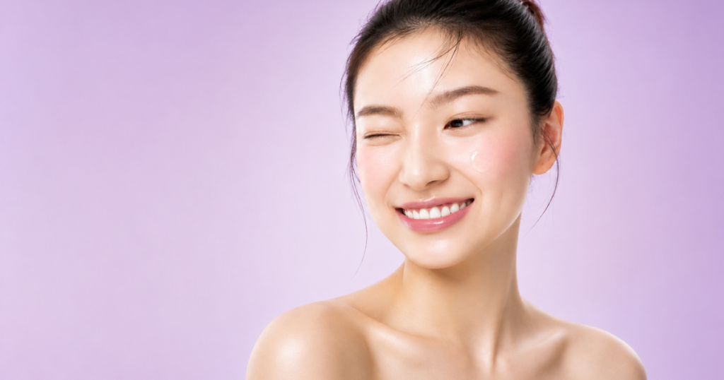 Woman smiling and winking with glowing, dewy skin against a soft lavender background