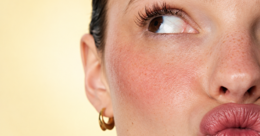Close-up of a woman with flushed, freckled skin against a soft yellow background.